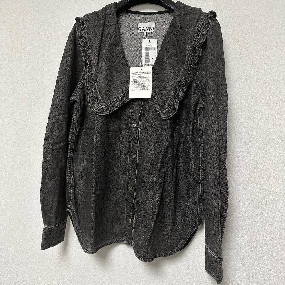 NWT Ganni Ruffle Peter Pan Collar Grey Denim Shirt 36